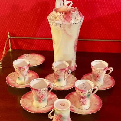 R S Prussia chocolate pot with 6 cups and saucers, floral decal, in great condition