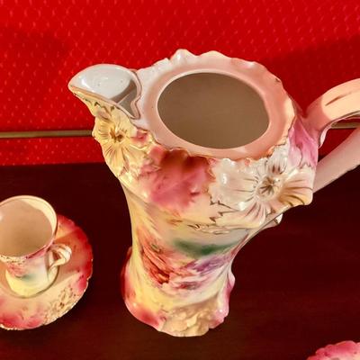 R S Prussia chocolate pot with 6 cups and saucers, floral decal, in great condition