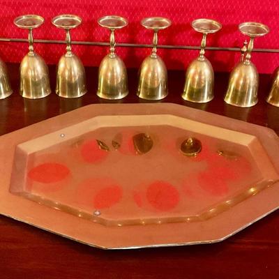 Brass goblets on tray , Made in Mexico, could us a good polish