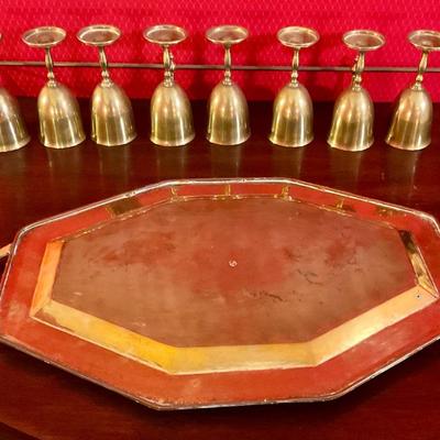 Brass goblets on tray , Made in Mexico, could us a good polish