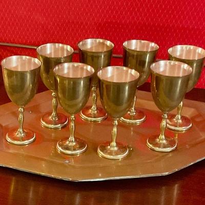 Brass goblets on tray , Made in Mexico, could us a good polish