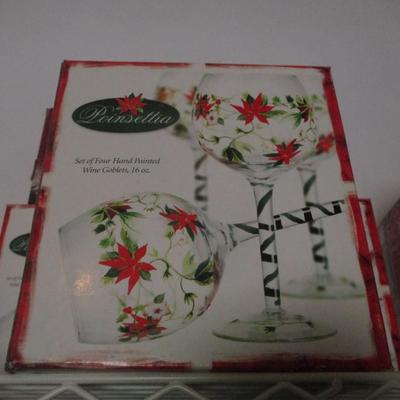 11 - Poinsettia Hand Painted 16 Oz Wine Goblets