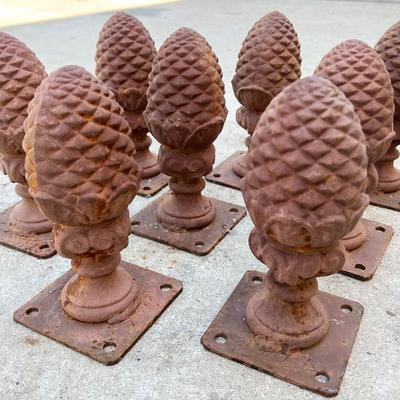 Eight (8) Heavy Cast Iron Pine Cone Toppers