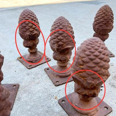 Eight (8) Heavy Cast Iron Pine Cone Toppers