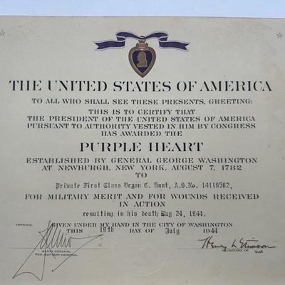 Certificates of Fallen Soldier’s Purple Heart, Bronze Star, Memorial…