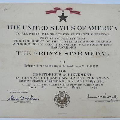 Certificates of Fallen Soldier’s Purple Heart, Bronze Star, Memorial…