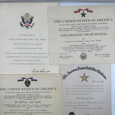Certificates of Fallen Soldier’s Purple Heart, Bronze Star, Memorial…
