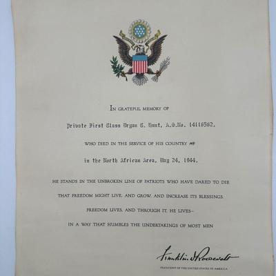 Certificates of Fallen Soldier’s Purple Heart, Bronze Star, Memorial…