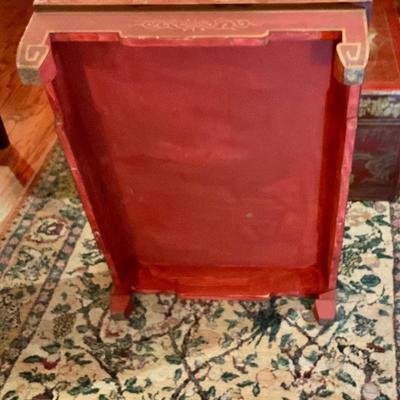 Chinese red lacquer chest on stand, used a coffee table, great storage