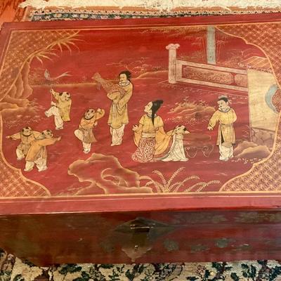 Chinese red lacquer chest on stand, used a coffee table, great storage