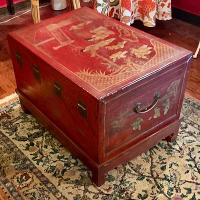 Chinese red lacquer chest on stand, used a coffee table, great storage