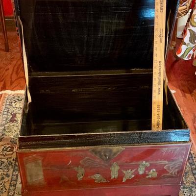 Chinese red lacquer chest on stand, used a coffee table, great storage