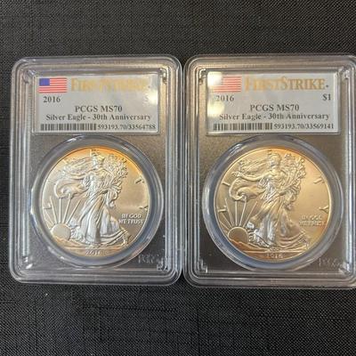 Lot of 2 SILVER EAGLE FIRST STRIKE PCGS MS70