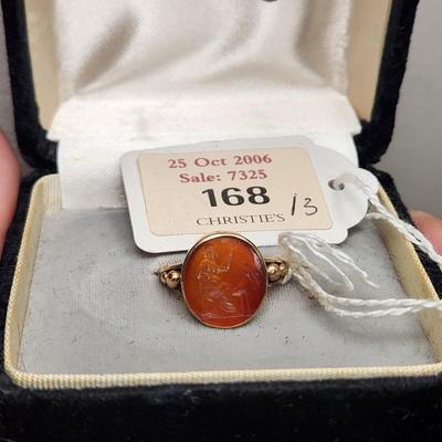 Ancient Roman Cornelian Intaglio Cut Artemis in Edwardian Gold Ring Setting