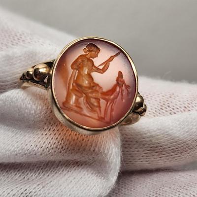 Ancient Roman Cornelian Intaglio Cut Artemis in Edwardian Gold Ring Setting