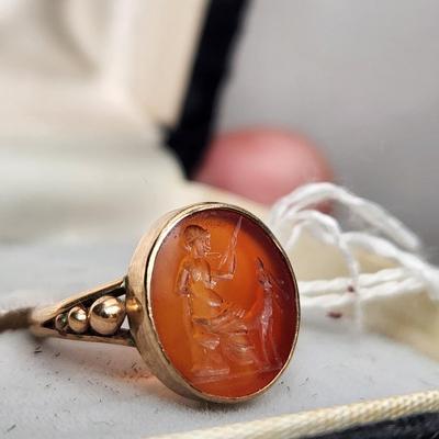 Ancient Roman Cornelian Intaglio Cut Artemis in Edwardian Gold Ring Setting