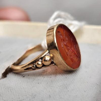 Ancient Roman Cornelian Intaglio Cut Artemis in Edwardian Gold Ring Setting