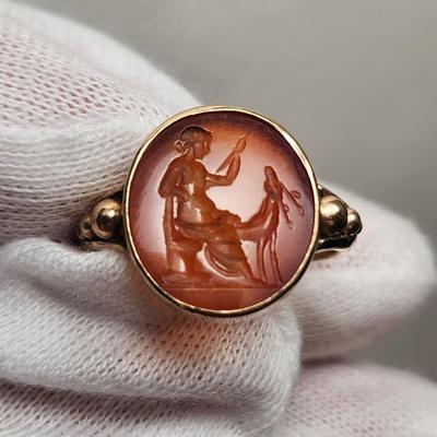 Ancient Roman Cornelian Intaglio Cut Artemis in Edwardian Gold Ring Setting