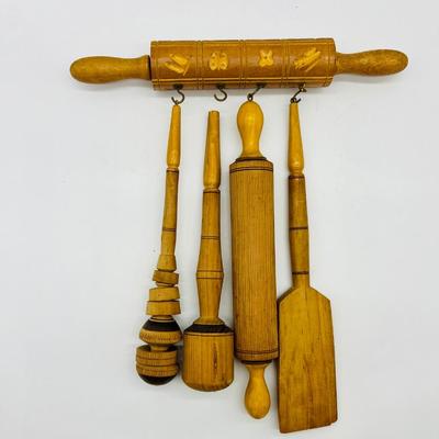 Vintage 1940's Denmark Danish Yellow Kitchen Wood Utensils & Holder,