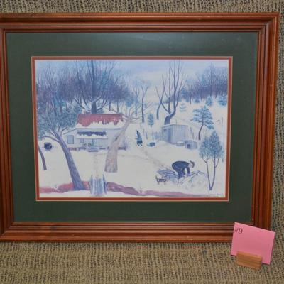 Queenie Stovall Framed & Matted Print Folk Art ‘Cabin on Triple Oaks Farm’ 1955