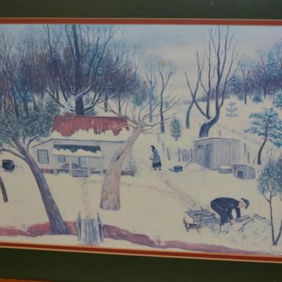 Queenie Stovall Framed & Matted Print Folk Art ‘Cabin on Triple Oaks Farm’ 1955