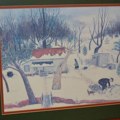 Queenie Stovall Framed & Matted Print Folk Art ‘Cabin on Triple Oaks Farm’ 1955