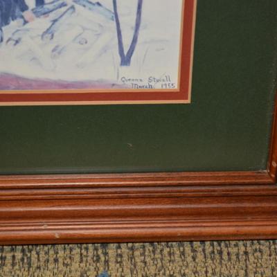 Queenie Stovall Framed & Matted Print Folk Art ‘Cabin on Triple Oaks Farm’ 1955