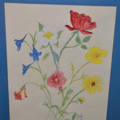 Framed & Matted Floral Bouquet Watercolor Print, Signed DLW 14.75”x11.75”