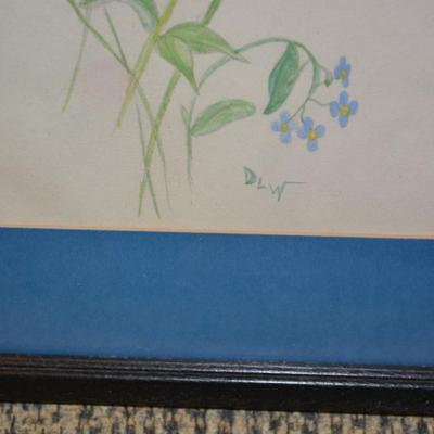 Framed & Matted Floral Bouquet Watercolor Print, Signed DLW 14.75”x11.75”