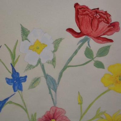 Framed & Matted Floral Bouquet Watercolor Print, Signed DLW 14.75”x11.75”