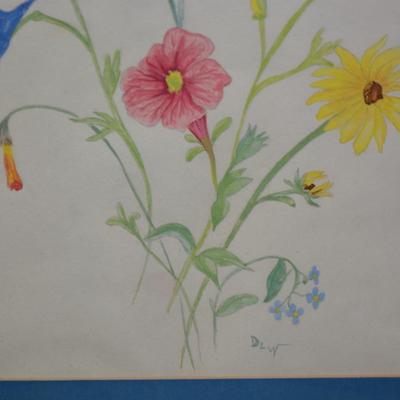 Framed & Matted Floral Bouquet Watercolor Print, Signed DLW 14.75”x11.75”