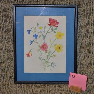 Framed & Matted Floral Bouquet Watercolor Print, Signed DLW 14.75”x11.75”