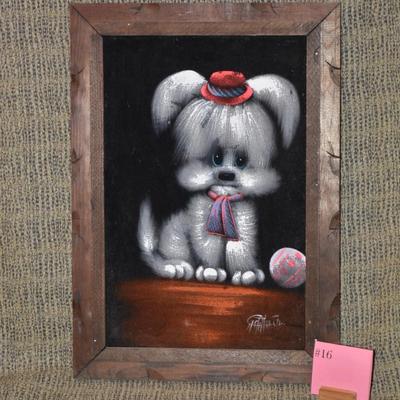 Vintage 60’s/70’s Velvet Dog Portrait Painting w/ Carved Wood Frame