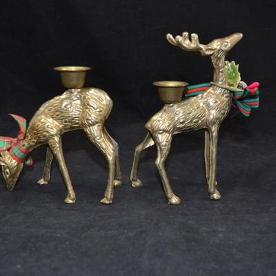 Set of 2 Solid Brass Reindeer Candlesticks 5.57”x4.5”