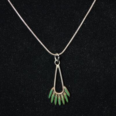 Vintage 925 Sterling Malachite Pendant w/ 925 Snake Chain 16” 3.7g