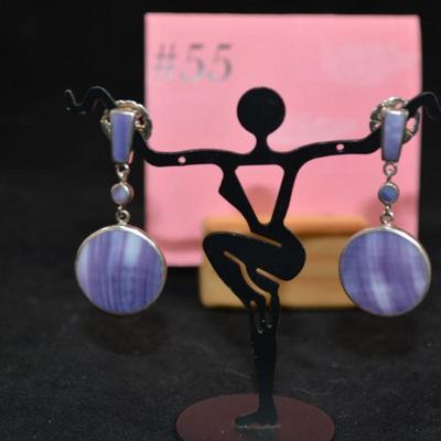925 Sterling & Blue Lacy Agate Drop Earrings 11.1g