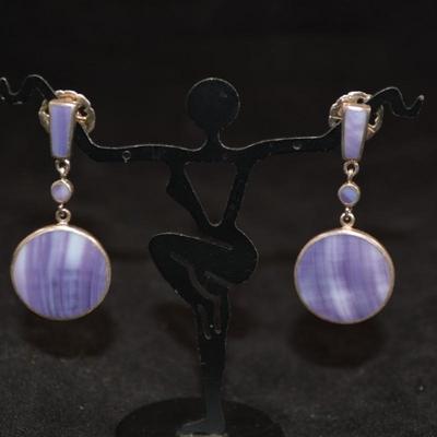 925 Sterling & Blue Lacy Agate Drop Earrings 11.1g