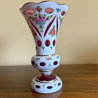 Beautifully Detailed Vintage White & Pink Cranberry Vase
