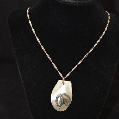 925 Sterling Tinsel Chain w/ 925 & Mother of Pearl Horse Pendant 29” 20.4g