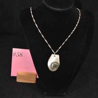 925 Sterling Tinsel Chain w/ 925 & Mother of Pearl Horse Pendant 29” 20.4g