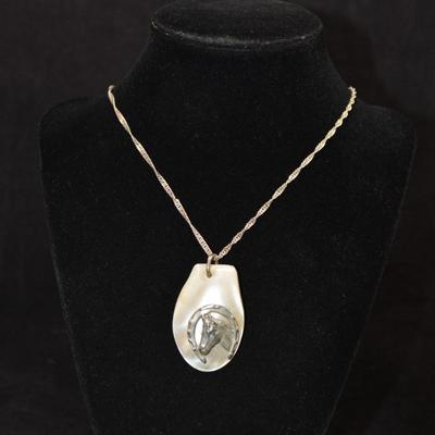 925 Sterling Tinsel Chain w/ 925 & Mother of Pearl Horse Pendant 29” 20.4g