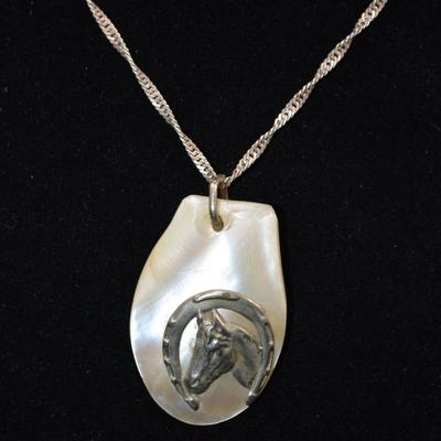 925 Sterling Tinsel Chain w/ 925 & Mother of Pearl Horse Pendant 29” 20.4g