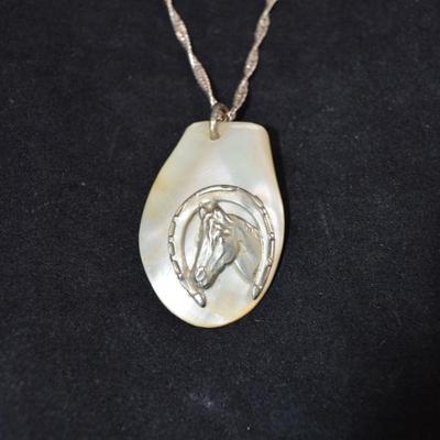 925 Sterling Tinsel Chain w/ 925 & Mother of Pearl Horse Pendant 29” 20.4g