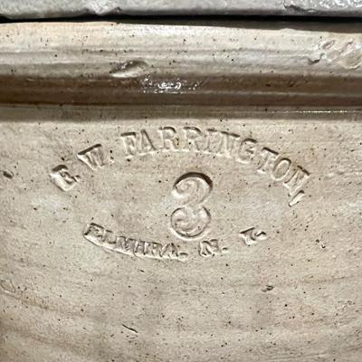 1800s E. W. FARRINGTON #3 Stone Ware Crock With Lid
