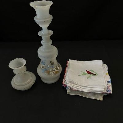 Lot of Floral and Bird Handkerchiefs and Antique Glass