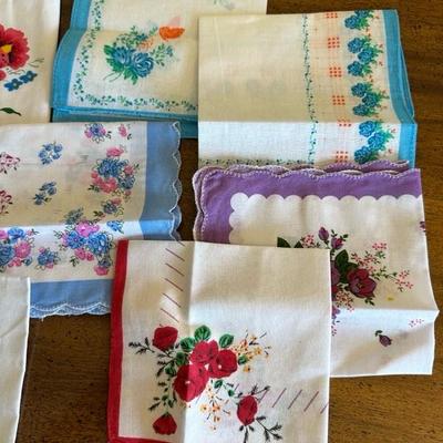 Lot of Floral and Bird Handkerchiefs and Antique Glass