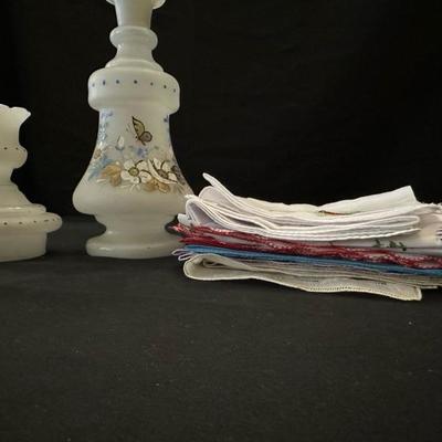 Lot of Floral and Bird Handkerchiefs and Antique Glass