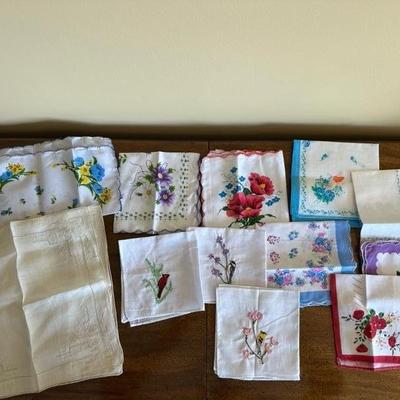 Lot of Floral and Bird Handkerchiefs and Antique Glass