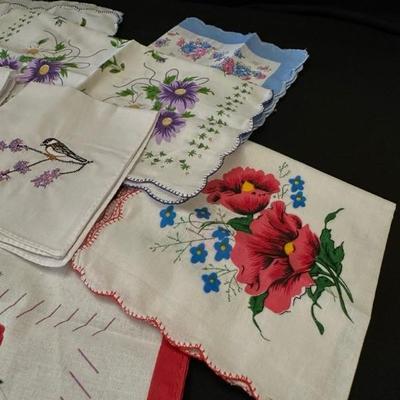 Lot of Floral and Bird Handkerchiefs and Antique Glass