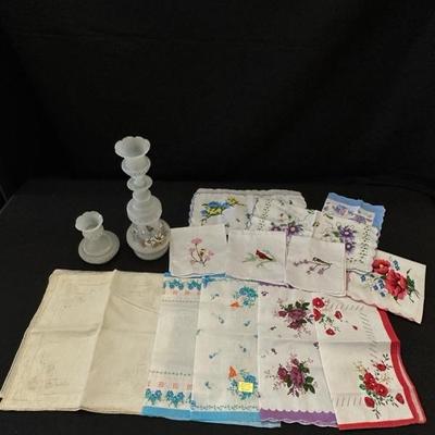 Lot of Floral and Bird Handkerchiefs and Antique Glass